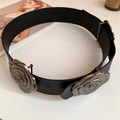 Black leather waist belt with vintage silver rose buckles in a retro punk style - 81# Waist Chain - Black