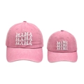 Detail of dusty pink washed cotton baseball caps with MAMA and MINI white embroidery - MAMA And MINI Style / Pink