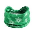 Detail of green holiday headband with white snowflake print and front knot design - Style 28 (Christmas)