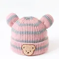 Cute pink and gray striped baby knit hat with warm earflaps and bear patch detail - Pink - Striped Bear