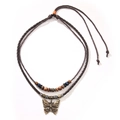 Double-layer brown cord choker necklace with bronze butterfly and blue beads - Butterfly Necklace (QNN1123)