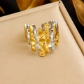 Adjustable two-tone stainless steel open ring with artistic lava texture and gold silver finish - Lava Texture Design (R570)