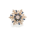 Rotating snowflake brooch in gold with blue and clear zircon crystals - Gold Royal Blue Brooch