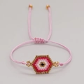 Bohemian evil eye beaded bracelet with pink hand-woven cord and adjustable slide knot - Pink Hexagon Evil Eye (MI-B220299H)