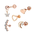 5-piece rose gold stainless steel ear stud set with butterfly, heart, and moon designs - Set 24 (Rose Gold/Butterfly Pendant/Moon Star)