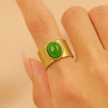 Vintage gold wide band stainless steel ring with oval green turquoise stone inlay - 2218k Genuine Gold Polished Green 8440