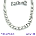 Hip hop silver stainless steel Cuban chain necklace for men in size 650x15mm - Silver Cuban Link Necklace Lobster Clasp 650x15mm(KN93846-Z)