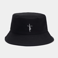 Close-up of white faith cross embroidery on black cotton twill bucket hat texture - M (56-58cm) / Black