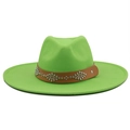 Detail of neon green wool fedora hat featuring a brown leather studded decorative band - M (56-58cm) / Fruit Green