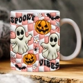 3D Spooky Vibes Halloween coffee mug with pumpkin and ghost motifs on pink checkered ceramic - SP-L Style
