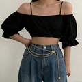 Slimming butterfly gold triple-layer chain belt styled with a black crop top and jeans - Gold Chain K0140B