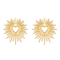 Golden sunray heart stud earrings in stainless steel with textured radial spikes - 18K Gold Plated Heart Sunburst (4827)