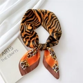 Silk square scarf with orange tiger stripes and gold chain patterns in variant style - Zebra Leopard Orange