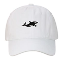 Close-up of a white cotton baseball cap featuring detailed black orca whale embroidery - Orca Embroidery Style / White