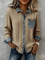 Chaqueta de punto trenzado caqui con mangas y bolsillos de denim azul en contraste - S / Camel