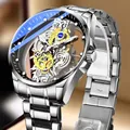 Macro view of automatic mechanical watch with skeleton dial and blue anti-reflective coating - Silver Steel Black Face