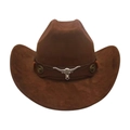 Brown western cowboy hat with a silver bull head metal emblem and leather band - Coffee