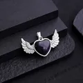 Silver angel wings heart pendant necklace with dark blue sandstone inlay stone - Blue Sandstone