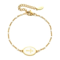 Detail view of gold stainless steel cross bracelet with white enamel beads and lobster clasp - White