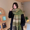 Thick gradient plaid scarf in grass green and brown with soft tassels for winter - Checked Army Green
