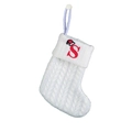 White knitted Christmas stocking featuring a red embroidered letter S and mini hat - White-Letter S
