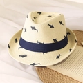 Kids beige straw fedora featuring navy shark print and matching grosgrain ribbon band - One Size / Beige Shark