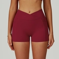 Yoga-Shorts mit hoher Taille in Dunkelrot, V-Überkreuz-Bund und praktischen Seitentaschen - S / Kirschrot