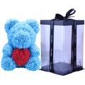 Blue preserved rose bear with a red heart in a clear gift box for Valentine gift - Flower Bear+40CM Gift Box+Light / Sky Blue with Red Heart