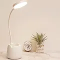 Lámpara de escritorio LED blanca con cuello flexible, portalápices y soporte móvil - Blanco [Tipo Enchufe / Luz Blanca de 3 Niveles] con Cable