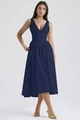 Detailed view of deep V-neckline and waist cut of navy blue sleeveless maxi dress - Navy Blue