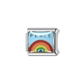 Italian charm link featuring a colorful rainbow and PEACE text in a silver stainless steel frame - Bracelet Link Module (Y256) / Rainbow Peace (Y256)