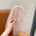 Pink princess crown headband for girls with sparkling tulle veil and rhinestones - Sakura Pink