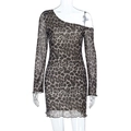 Close-up of leopard print mesh fabric on a sexy one-shoulder long sleeve bodycon dress - XS / Leopard Print