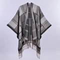Thick ethnic style tassel knit poncho with gray and beige plaid pattern in loose fit - Grey Twill Colorblock Plaid