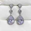 Detailed view of silver pear-shaped drop earrings with AAA zirconia inlay and shiny stones - Double Diamond Teardrop Earrings Led-115