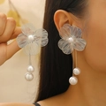Detailed view of silver woven flower earrings with elegant white pearl droplets - Silver Hollow Flower Artificial Pearl Tassel Earrings (05 White K WG-0259)