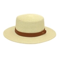Summer flat top straw boater hat with brown leather band and gold rivet detail - M (56-58cm) / Cream