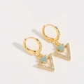 Golden double triangle drop earrings with small blue accents and white cubic zirconia - Triangle