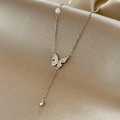Elegant silver butterfly pendant necklace with sparkling diamonds and a round pearl charm - X837 Silver Butterfly Pearl Tassel Necklace