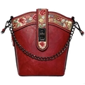 Red retro faux leather crossbody bag with floral embroidery and metal chain strap - Red