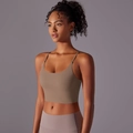 Detail of high-impact sports bra with thin straps and supportive wide underband - S / Tops / Cocoa