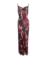 Close-up of plissé fabric texture and cowl neck detail on floral burgundy camisole dress - A Coffee Print