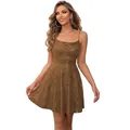 Sparkling bronze sequin mini party dress with spaghetti straps and a tailored waistline - US size 2 / Bottoms / Brown