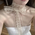 Elegante choker in pizzo bianco crema con motivi floreali da annodare per donna - Fiocco da 1.5m / Beige