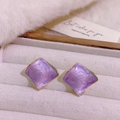 Square purple enamel earrings with gold-plated geometric frames on beige velvet padding - Purple