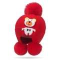Red infant knitted trapper hat with furry pompoms and cute bear embroidery - Red