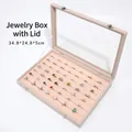 Pink velvet jewelry organizer tray with glass lid and ring slots, size 34.8x24.8x5cm - Ring Slot Style - Beige