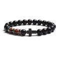 Detail of beaded bracelet featuring matte black beads, tiger eye stones, and a cross charm - Red Brown Tiger Eye Style / 6mm