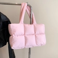 Pink quilted down tote bag with minimalist square pattern and soft padded handles - Pink