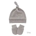 Detailed view of grey knotted baby beanie and scratch mittens set in soft cotton knit - Grey Hat and Mittens
